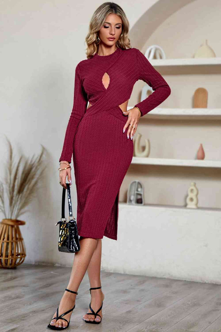 Cutout Crisscross Round Neck Long Sleeve Dress |1mrk.com