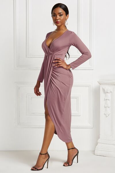 High-low Ruched Surplice Long Sleeve Dress | 1mrk.com