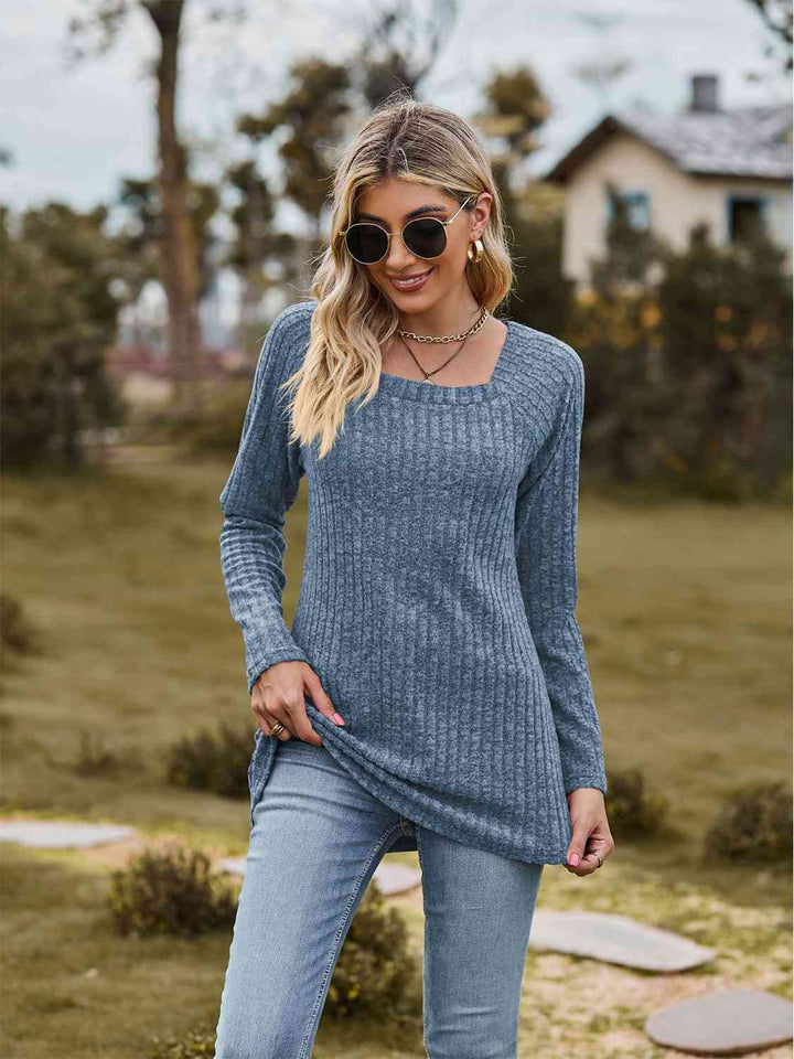 Full Size Ribbed Square Neck Long Sleeve T-Shirt | 1mrk.com