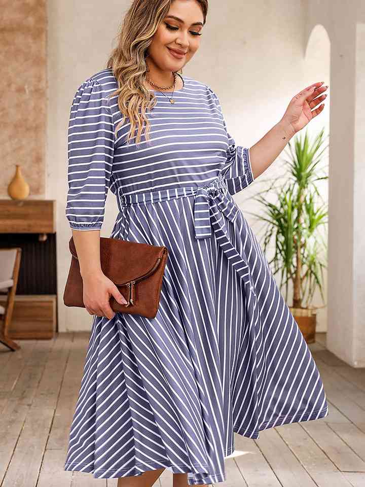 Plus Size Round Neck Striped Tie Waist Dress |1mrk.com