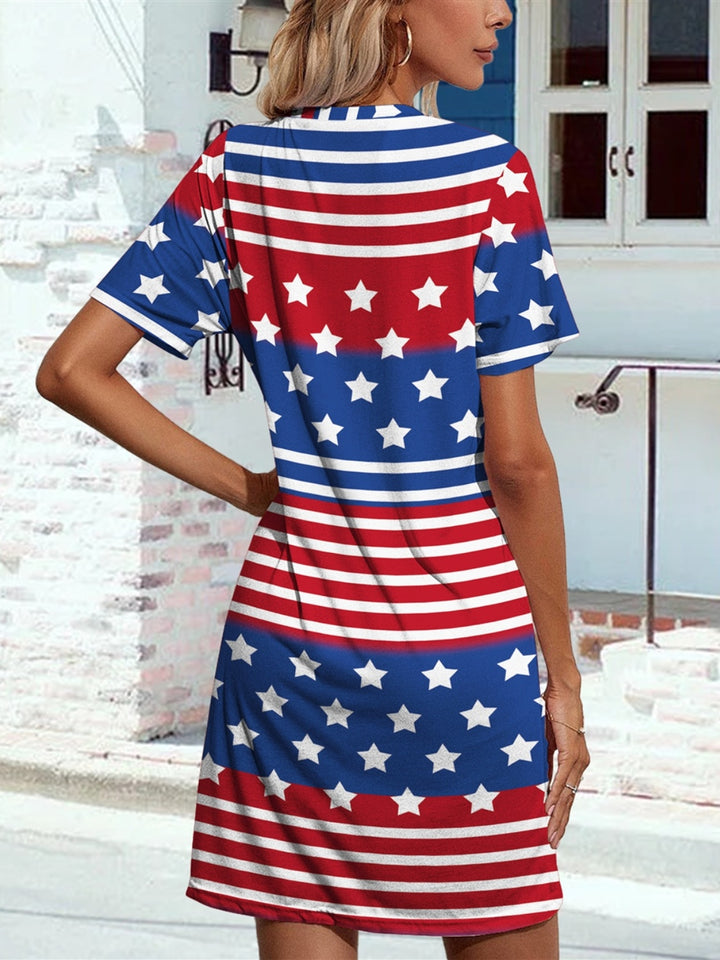 Pocketd US Flag Printed Short Sleeve Dress | Trendsi