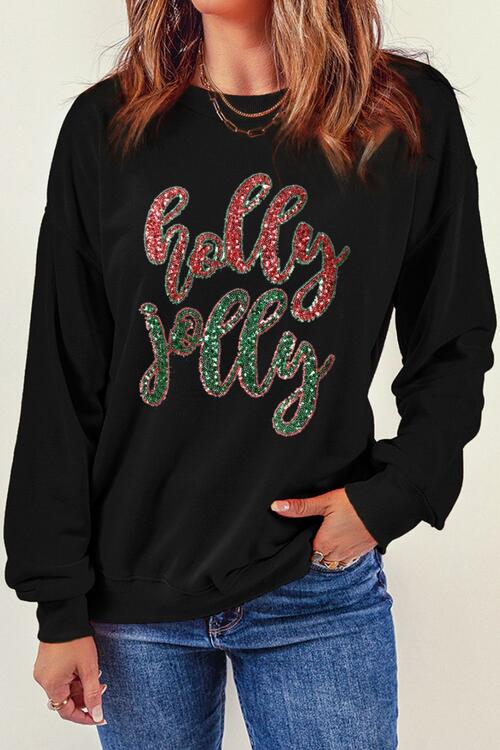 Sequin Round Neck Dropped Shoulder Sweatshirt |1mrk.com