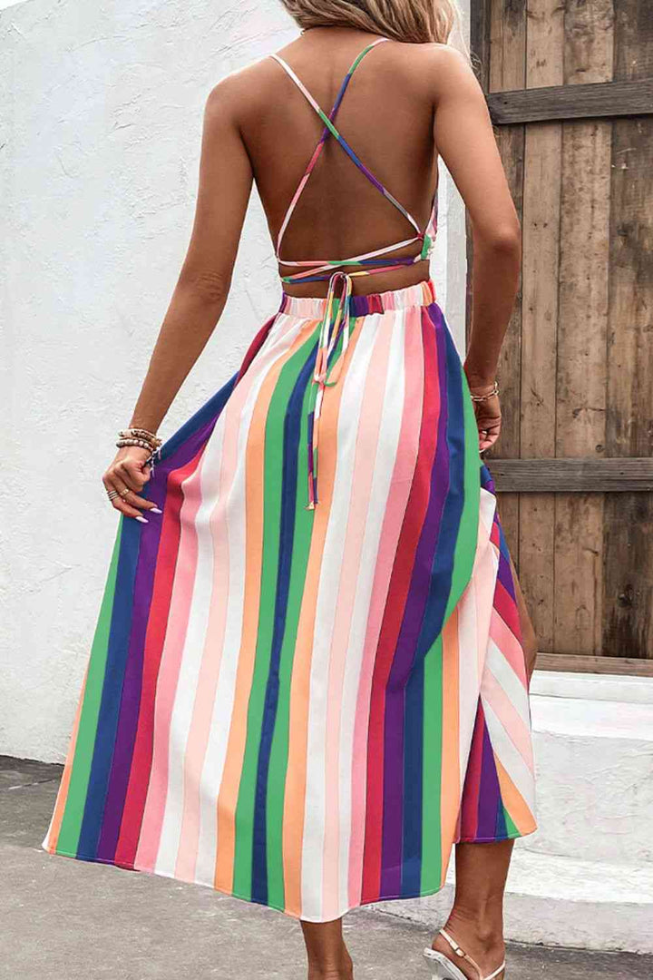 Multicolored Stripe Crisscross Backless Dress |1mrk.com