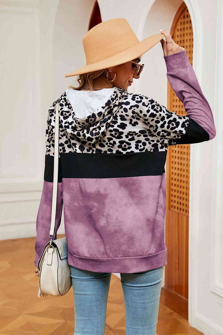 Leopard Drawstring Hoodie with Pocket |1mrk.com