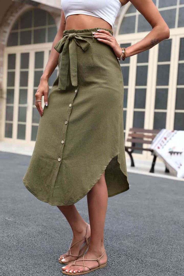 Tie Belt Frill Trim Buttoned Skirt |1mrk.com