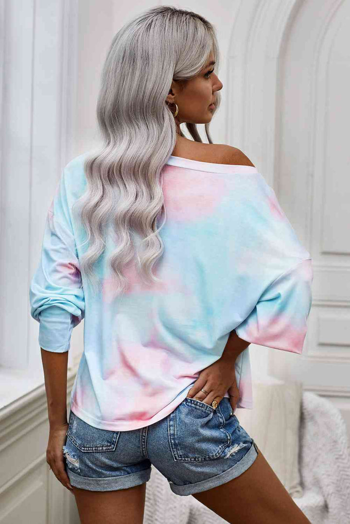 Tie-Dye Boat Neck Batwing Sleeve Tee |1mrk.com