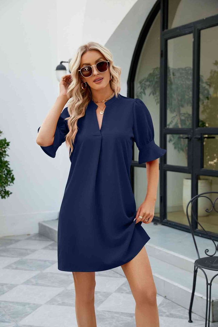 Notched Neck Flounce Sleeve Mini Dress |1mrk.com