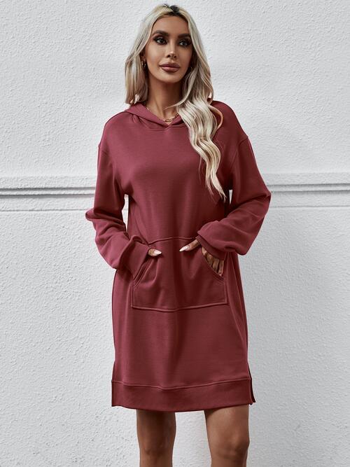 Slit Long Sleeve Hooded Dress with Pocket | 1mrk.com