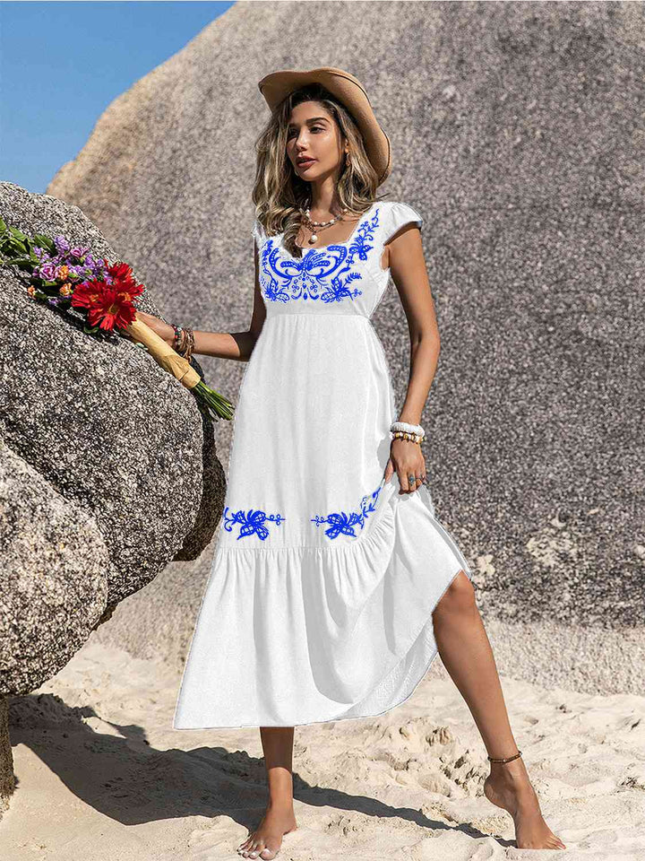 Embroidered Square Neck Ruffle Hem Dress | 1mrk.com