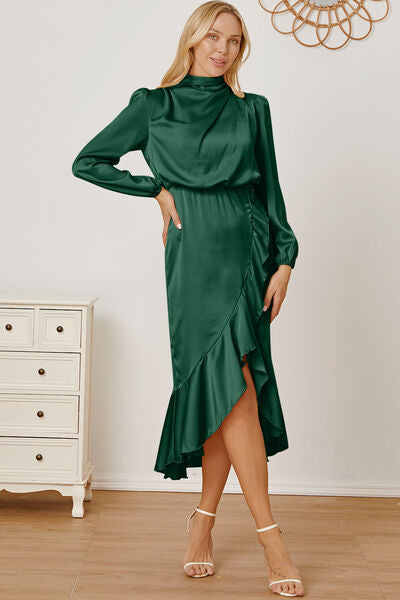 Mock Neck Ruffled Asymmetrical Dress |1mrk.com