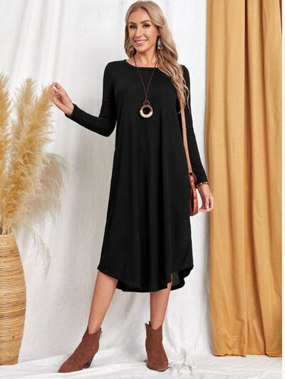 Pocketed Round Neck Long Sleeve Tee Dress | Trendsi