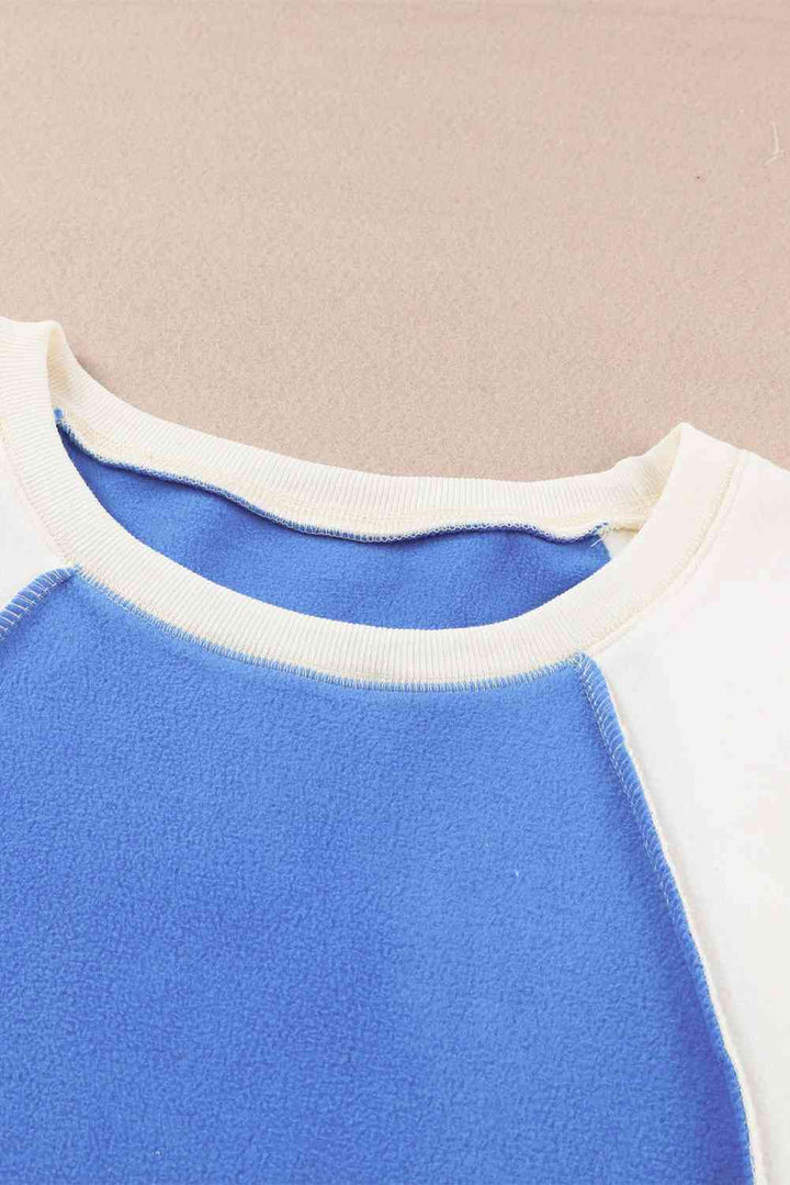 Round Neck Dropped Shoulder Color Block Sweatshirt |1mrk.com