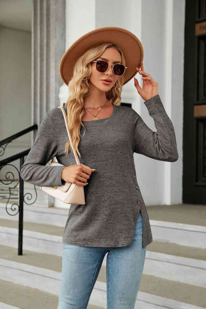 Square Neck Long Sleeve Slit T-Shirt | 1mrk.com