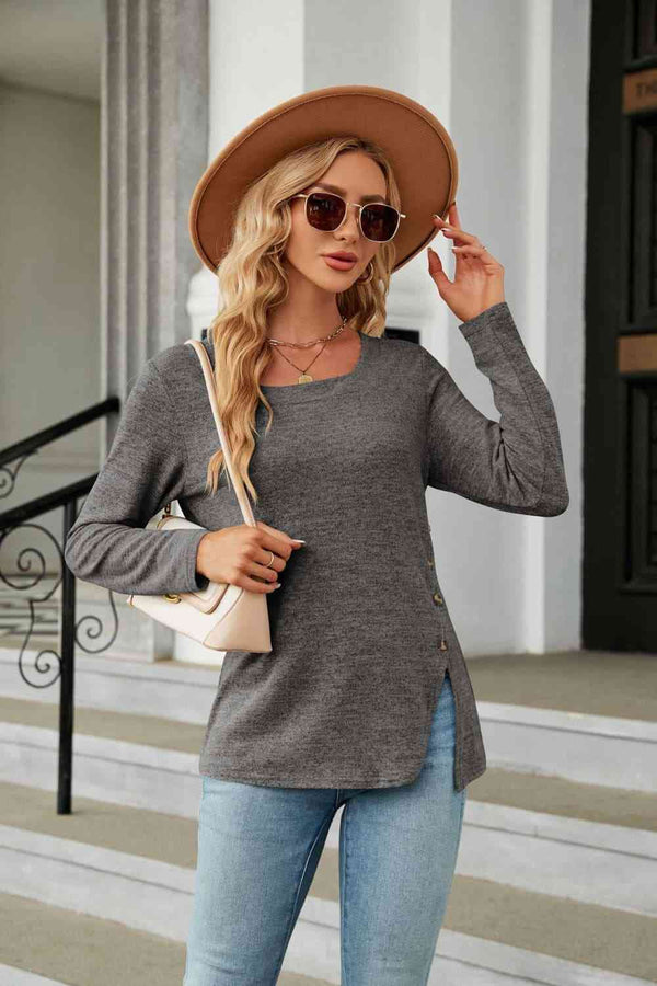 Square Neck Long Sleeve Slit T-Shirt | 1mrk.com