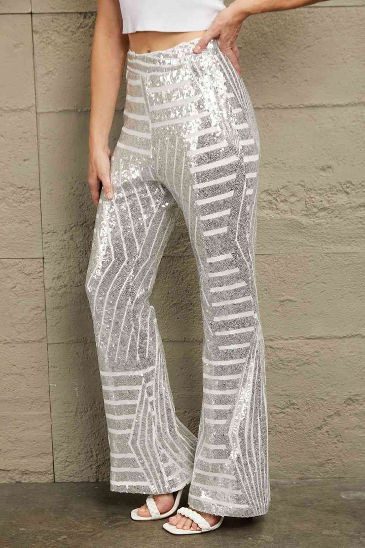 Double Take Sequin High Waist Flared Pants | 1mrk.com