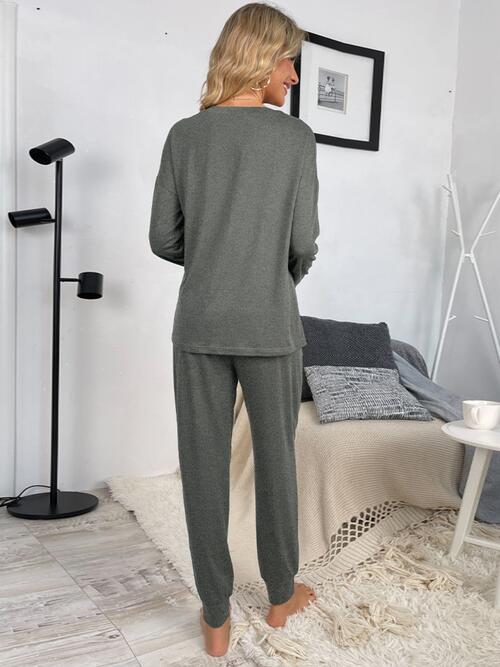 Round Neck Top and Drawstring Pants Lounge Set | 1mrk.com