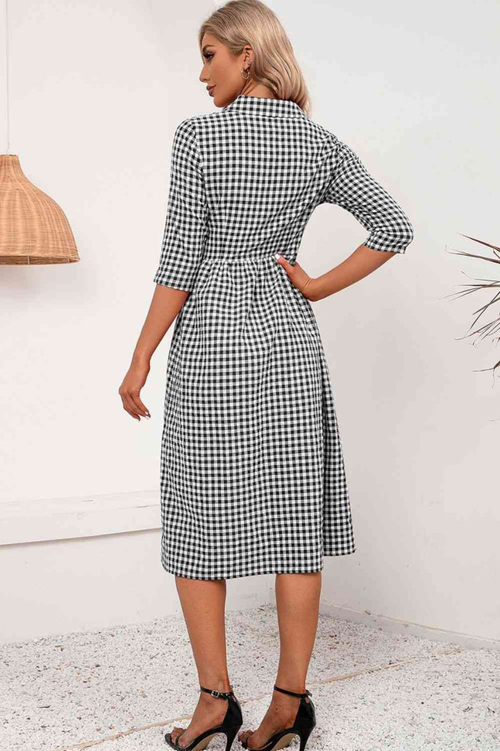 Plaid Collared Neck Midi Dress |1mrk.com