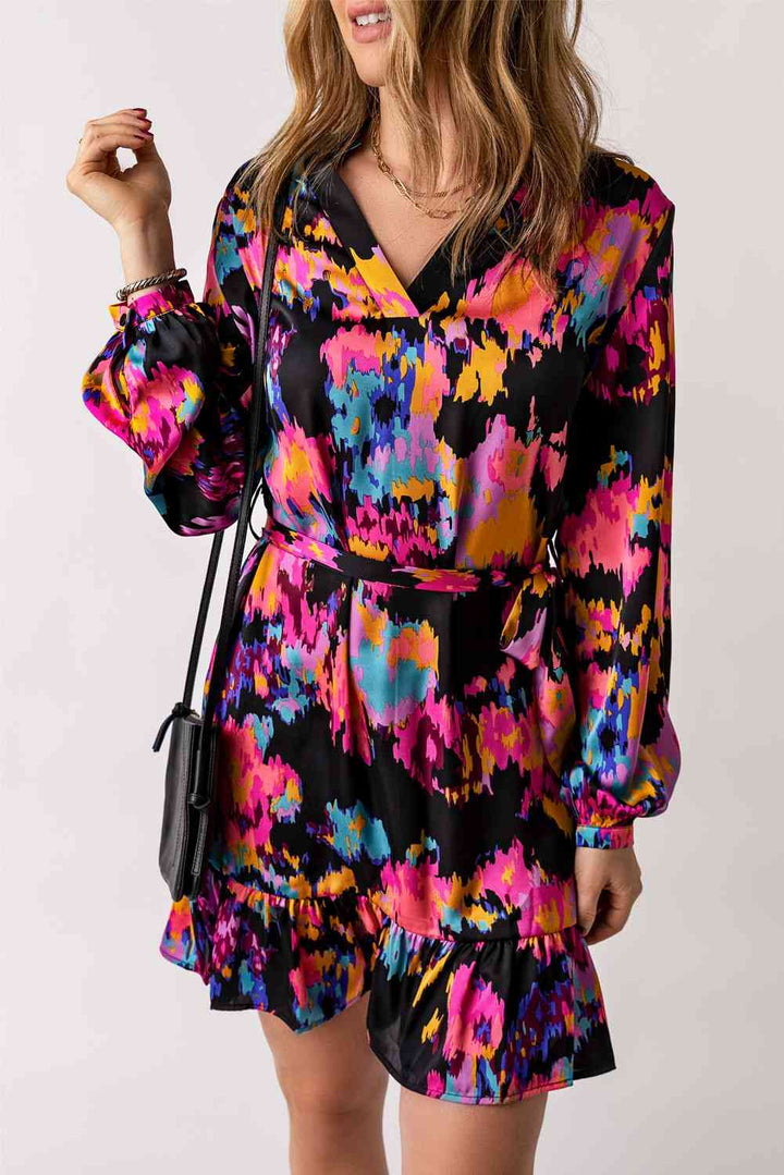 Abstract Print Belted Ruffle Hem Dress |1mrk.com