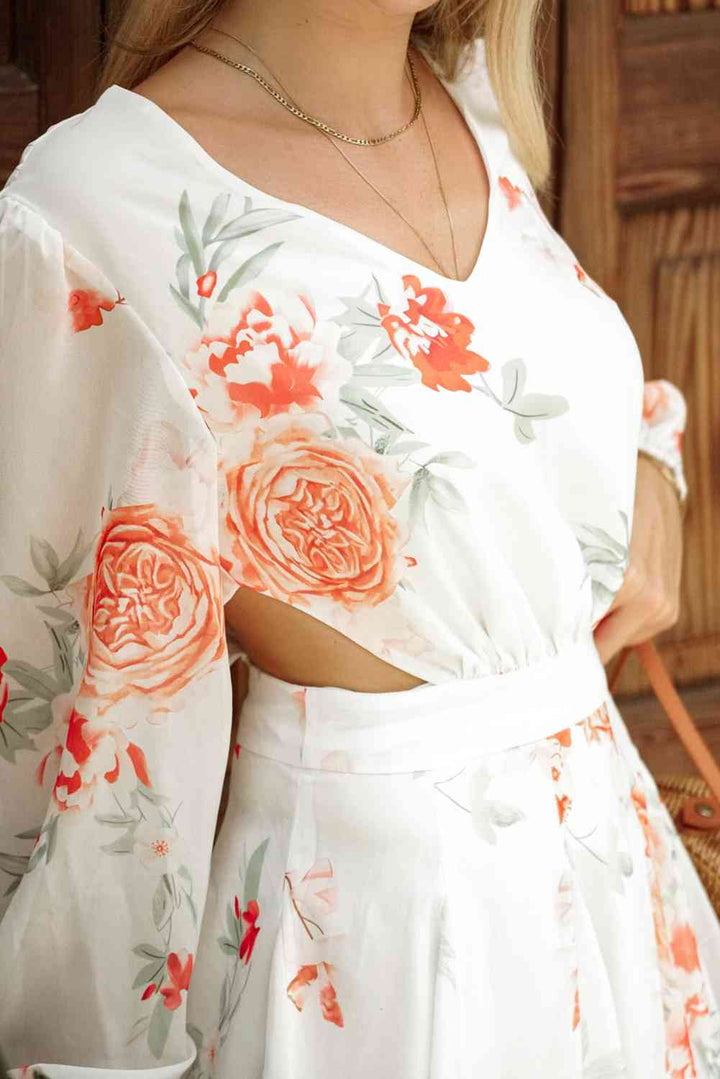 Floral Cutout Long Sleeve V-Neck Dress |1mrk.com