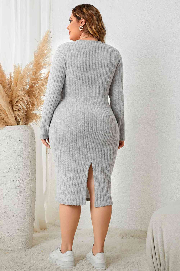 Plus Size Surplice Neck Long Sleeve Slit Dress |1mrk.com