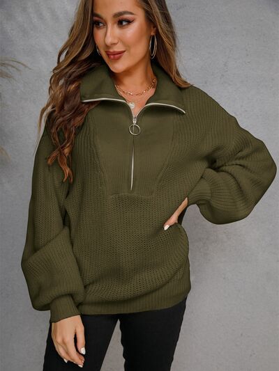 Half Zip Dropped Shoulder Sweater |1mrk.com