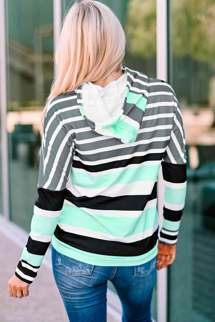 Striped Drawstring Detail Long Sleeve Hoodie | 1mrk.com