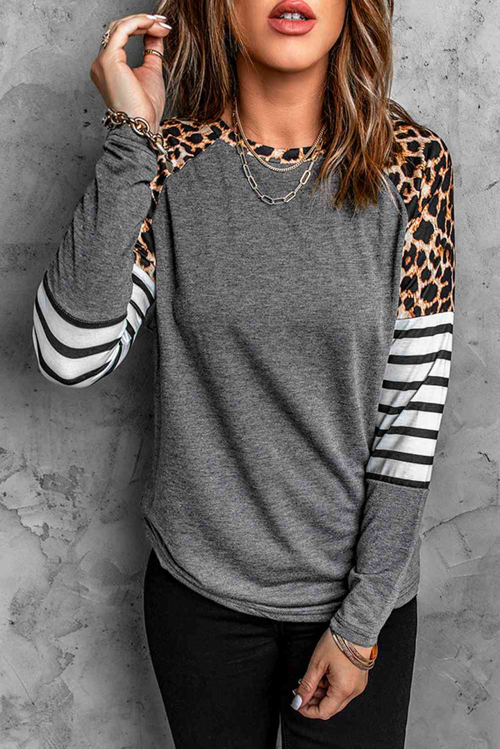 Leopard Striped Raglan Sleeve Top | 1mrk.com