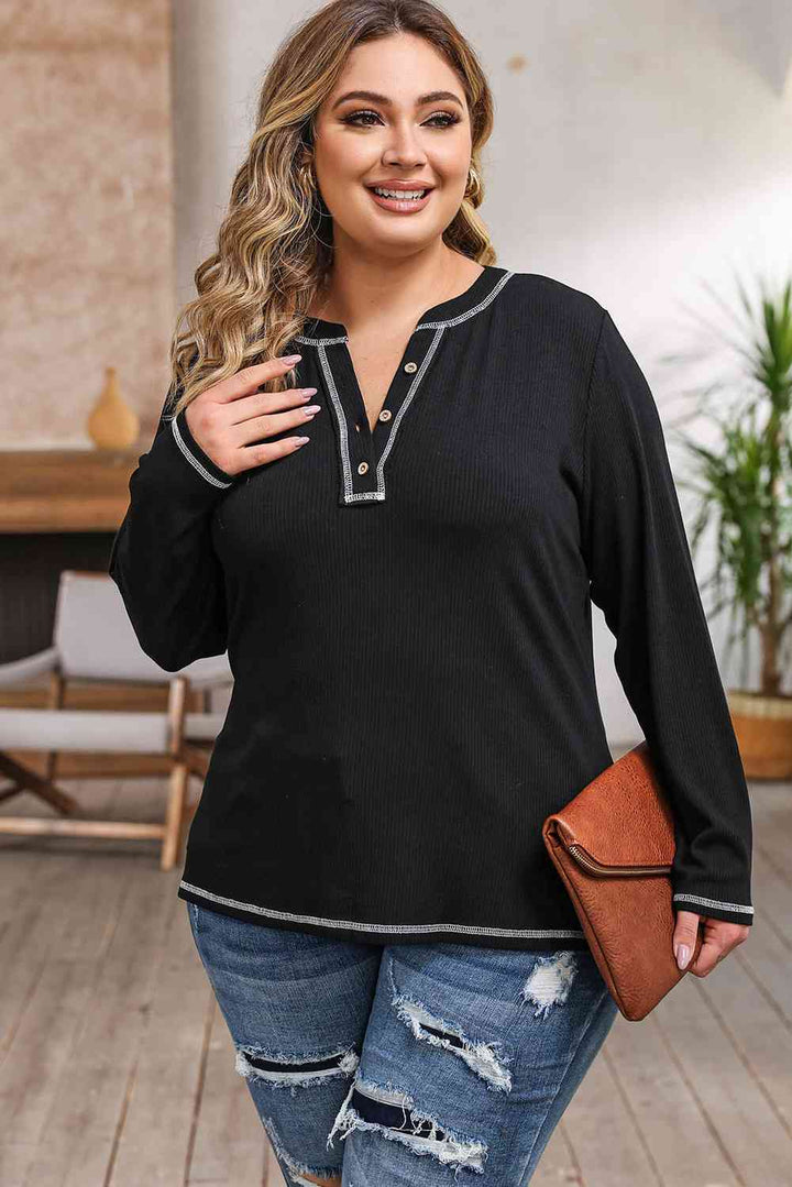 Plus Size Notched Neck Long Sleeve T-Shirt | 1mrk.com