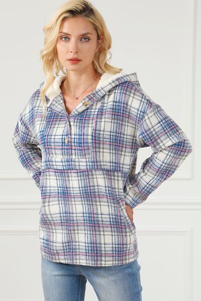 Plaid Long Sleeve Buttoned Hoodie |1mrk.com