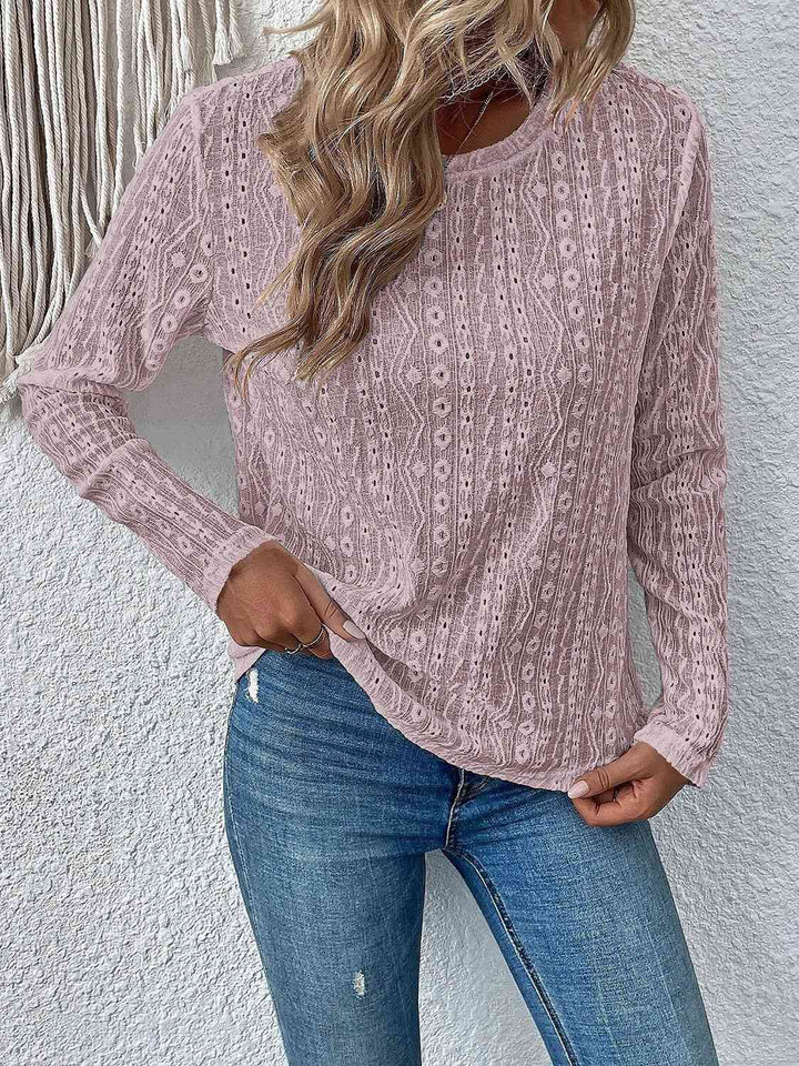 Eyelet Round Neck Long Sleeve Top | 1mrk.com