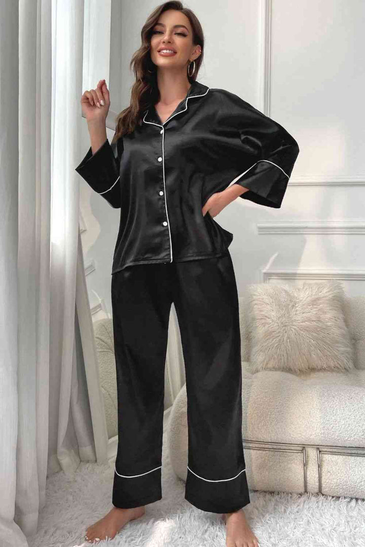 Contrast Piping Button-Up Top and Pants Pajama Set | 1mrk.com