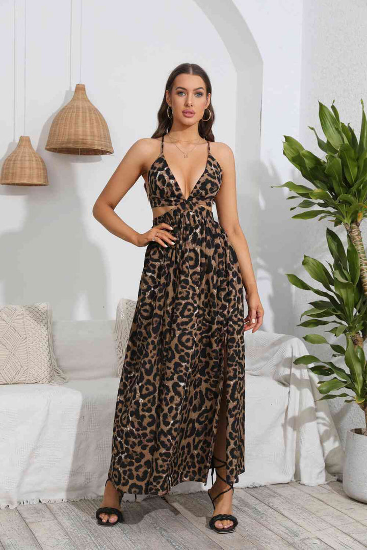 Leopard Deep V Tie Back Split Dress |1mrk.com