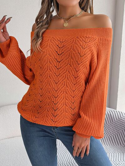 Openwork Off-Shoulder Long Sleeve Sweater |1mrk.com