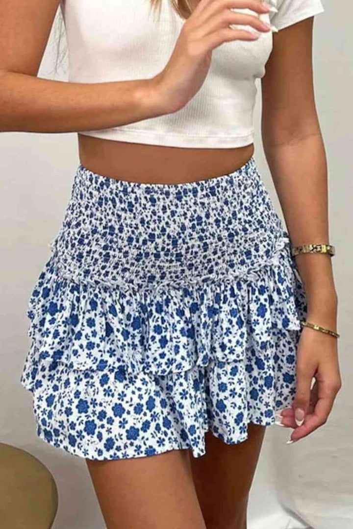 Printed Frill Trim Smocked Mini Skirt |1mrk.com