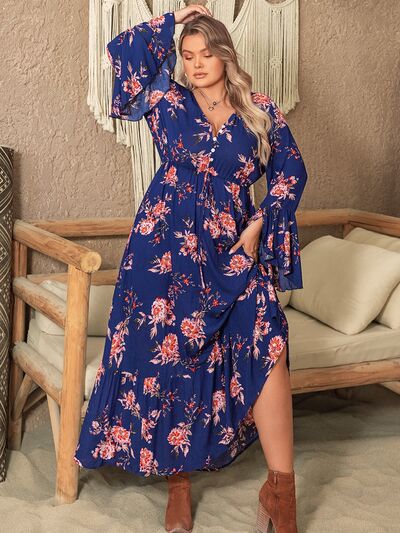 Plus Size Printed Half Button Flare Sleeve Dress |1mrk.com