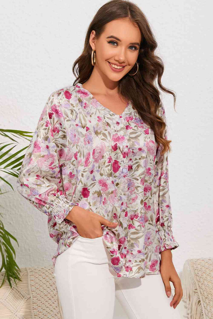 Double Take Floral V-Neck Long Sleeve Shirt |1mrk.com