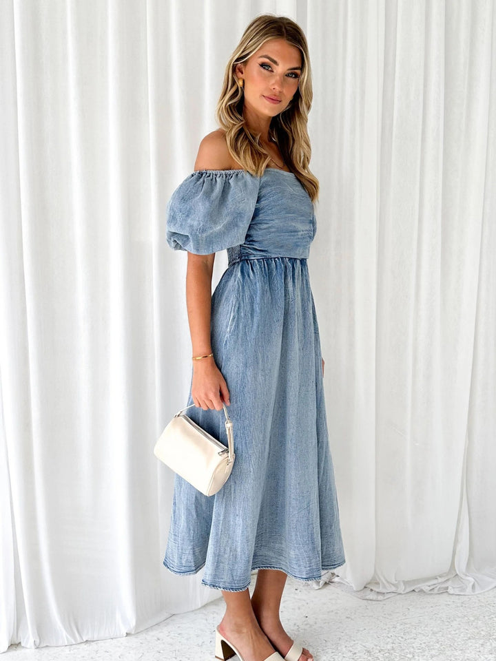 Off-Shoulder Balloon Sleeve Denim Dress | Trendsi