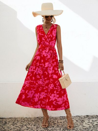 Tied Printed Surplice Tiered Dress |1mrk.com