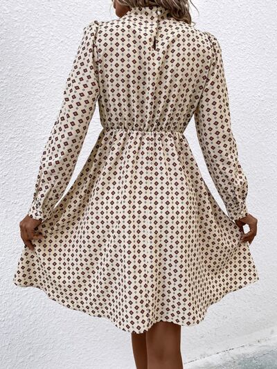 Printed Ruched Mock Neck Long Sleeve Dress |1mrk.com