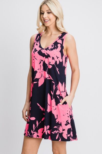 Heimish Full Size Floral V-Neck Tank Dress with Pockets |1mrk.com