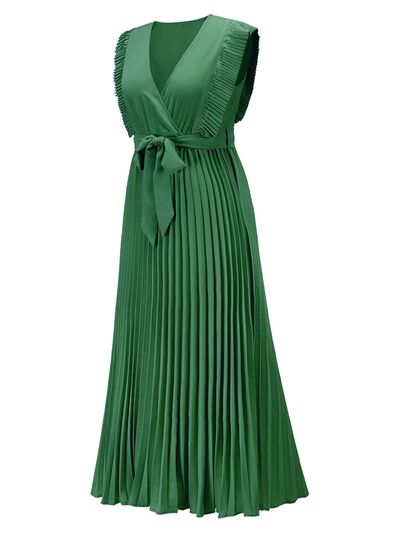 Tied Surplice Cap Sleeve Pleated Dress |1mrk.com