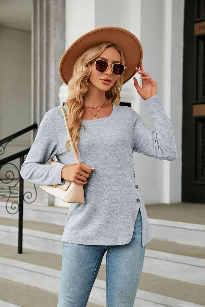 Square Neck Long Sleeve Slit T-Shirt | 1mrk.com