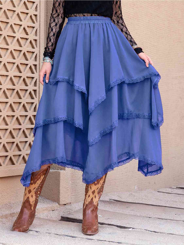 Tiered Lace Detail Midi Skirt |1mrk.com