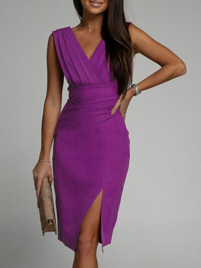 Slit Ruched Surplice Tank Dress |1mrk.com