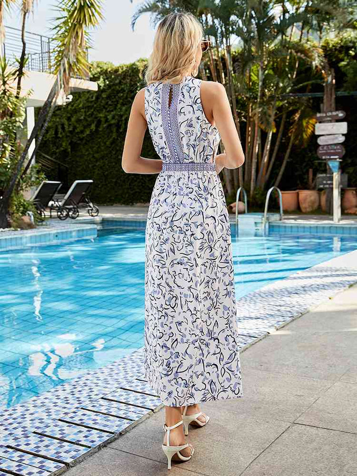 Printed Round Neck Sleeveless Midi Dress |1mrk.com