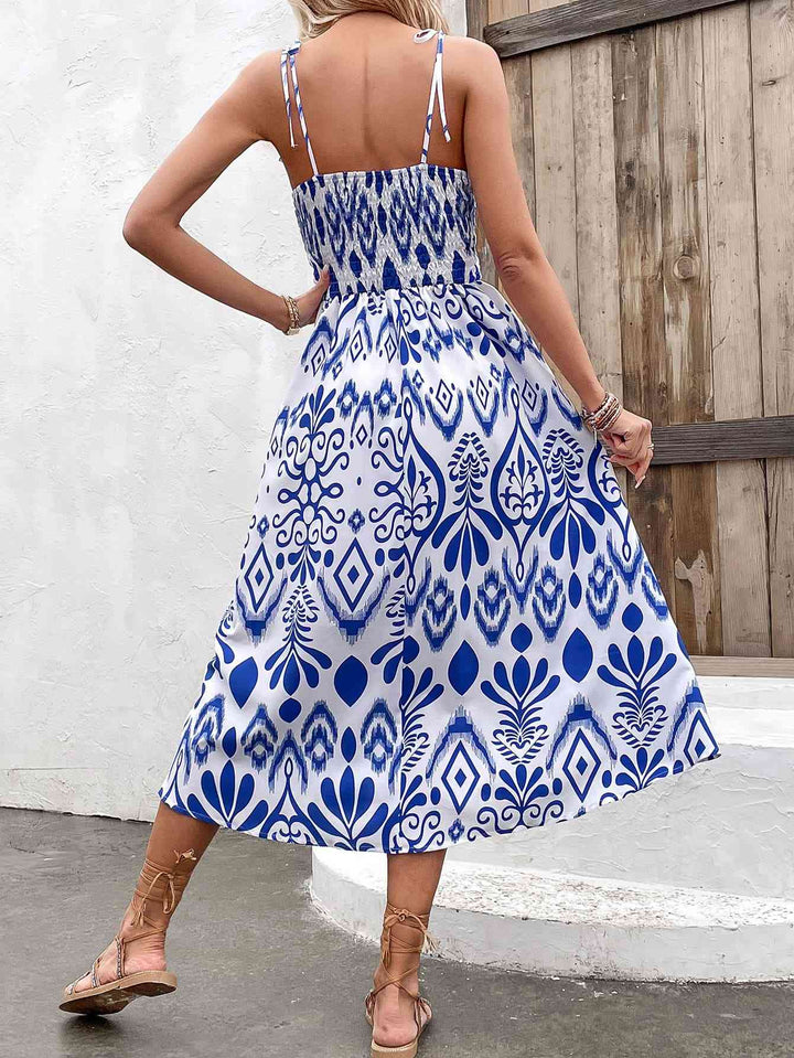 Printed Tie Shoulder Sweetheart Neck Dress |1mrk.com