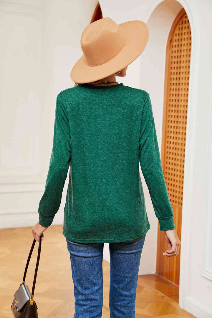 Buttoned Notched Neck Long Sleeve Top | 1mrk.com