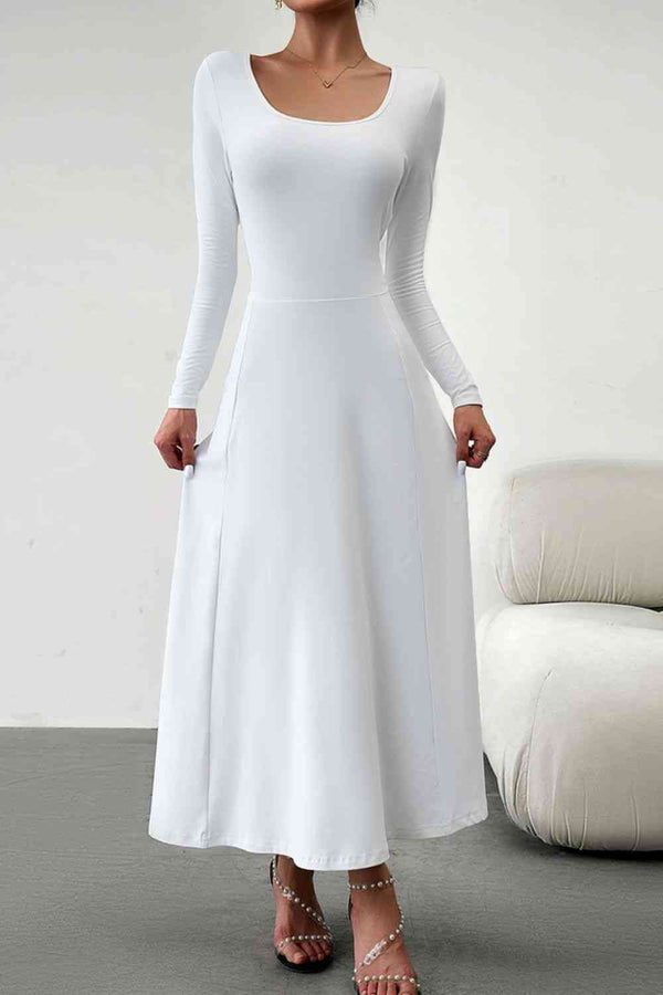 Scoop Neck Long Sleeve Lace-Up Maxi Dress |1mrk.com