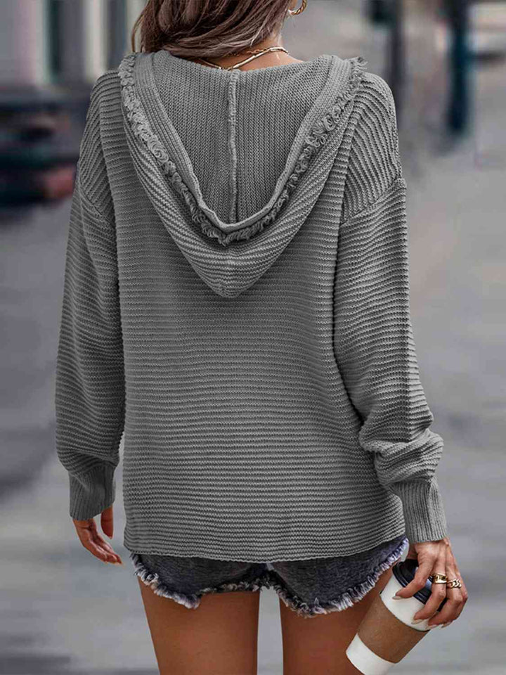 Ribbed Fringed V-Neck Hooded Sweater |1mrk.com