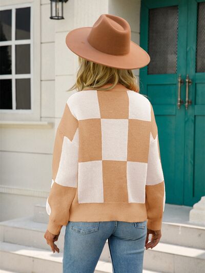 Checkered Round Neck Dropped Shoulder Sweater |1mrk.com